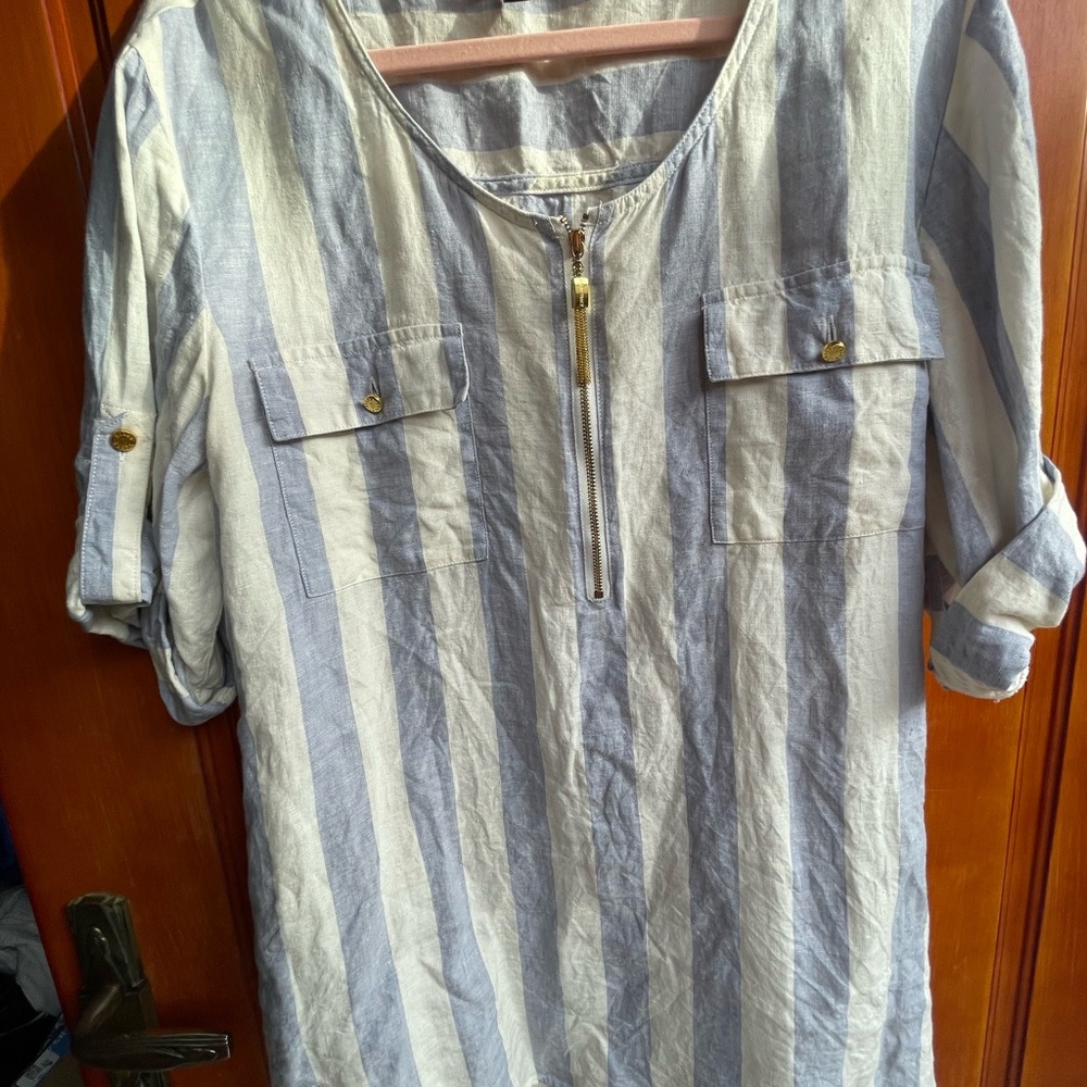 Ellen Tracy Blue and White Striped linen Dress xl